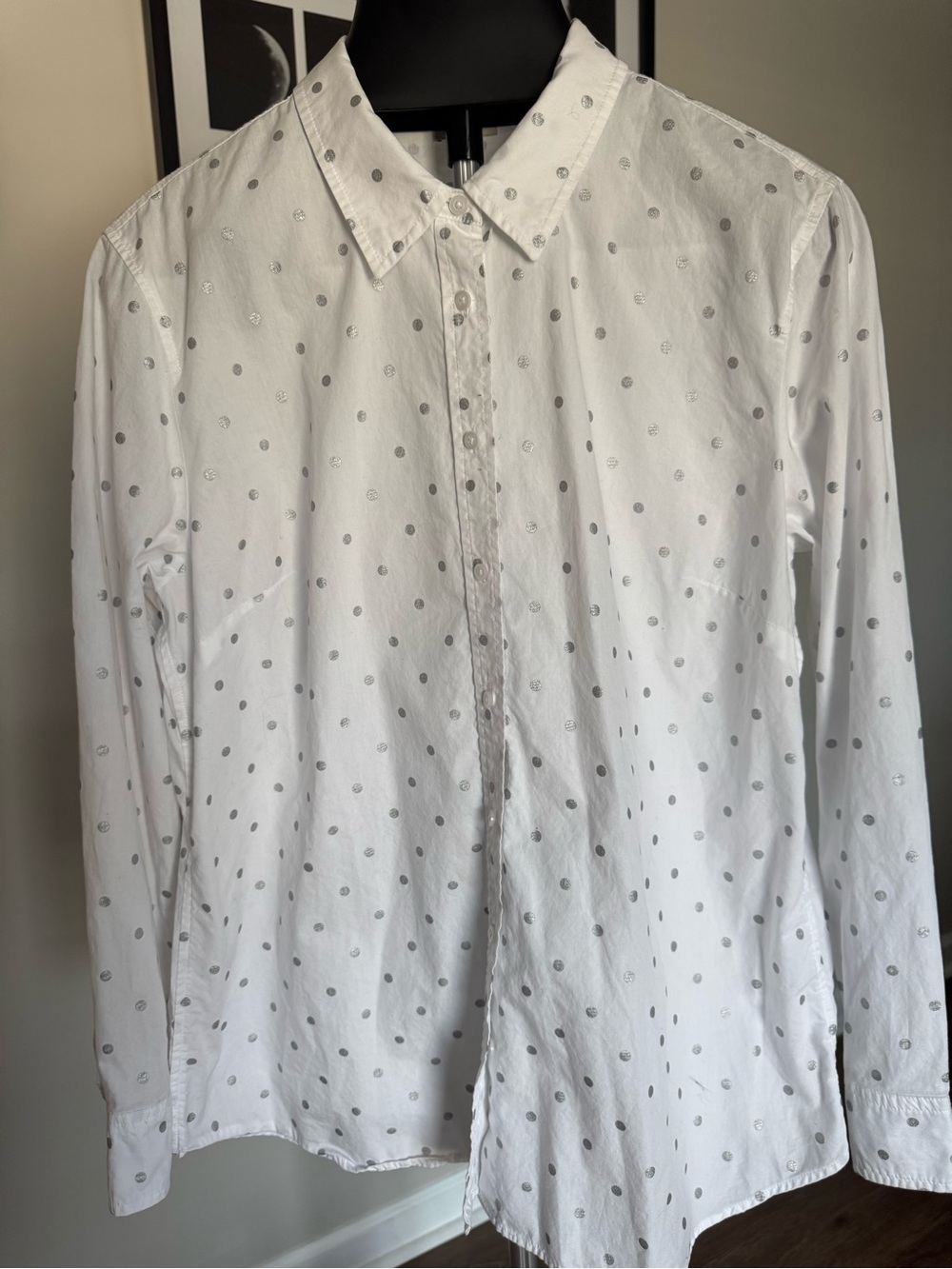 Talbots White  Long-Sleeve Button-Up Shirt with Silver Dot Print